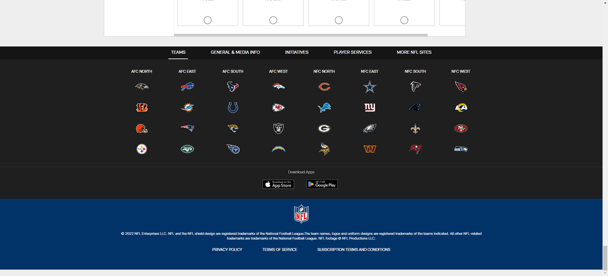 The NFL website has a multi-layered footer. In the top section is a list of team icons. In the center section called Download Apps are two links — one for the Apple app store and one for Google Play.