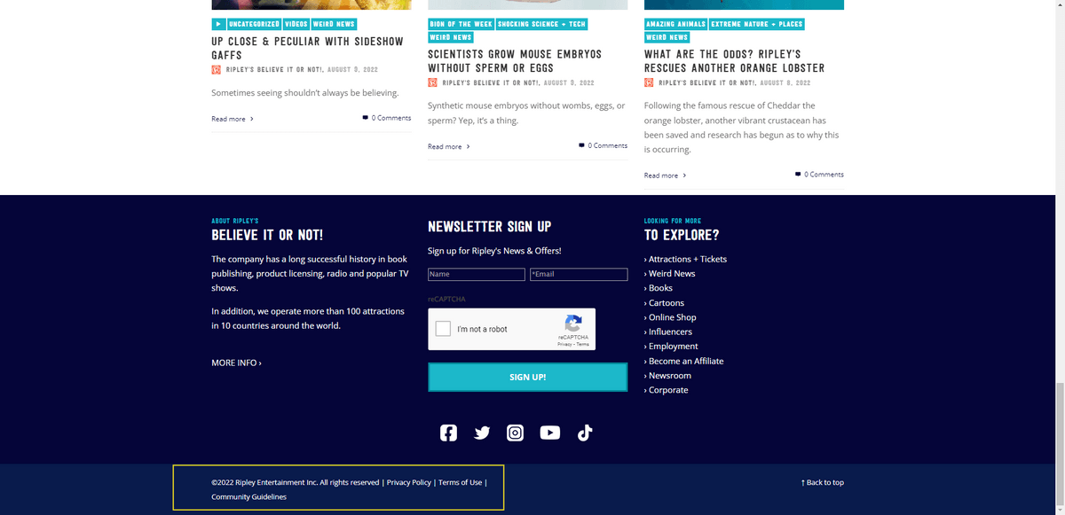 The footer of the Ripley’s Believe It or Not! Website includes three policy links next to the copyright line: Privacy Policy, Terms of Use, and Community Guidelines.