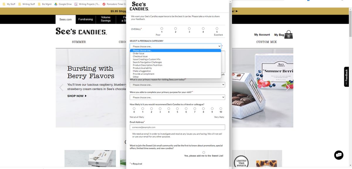 See’s Candies website visitors can submit feedback related to the website. When they select this option, a pop-up appears that asks them to rate their overall experience, select a feedback category related to their issue, and more.