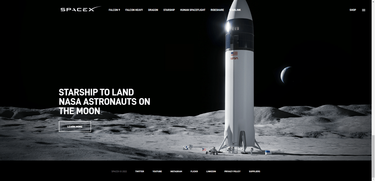 The footer of the SpaceX website is visible. It’s a thin black strip containing links to its Twitter, YouTube, Instagra, Flickr, and LinkedIn pages.