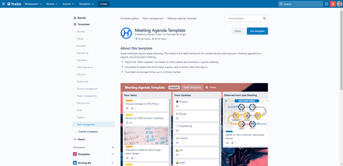 Trello provides users with a collection of user-generated templates. In this screenshot, we see one titled Meeting Agenda Template.