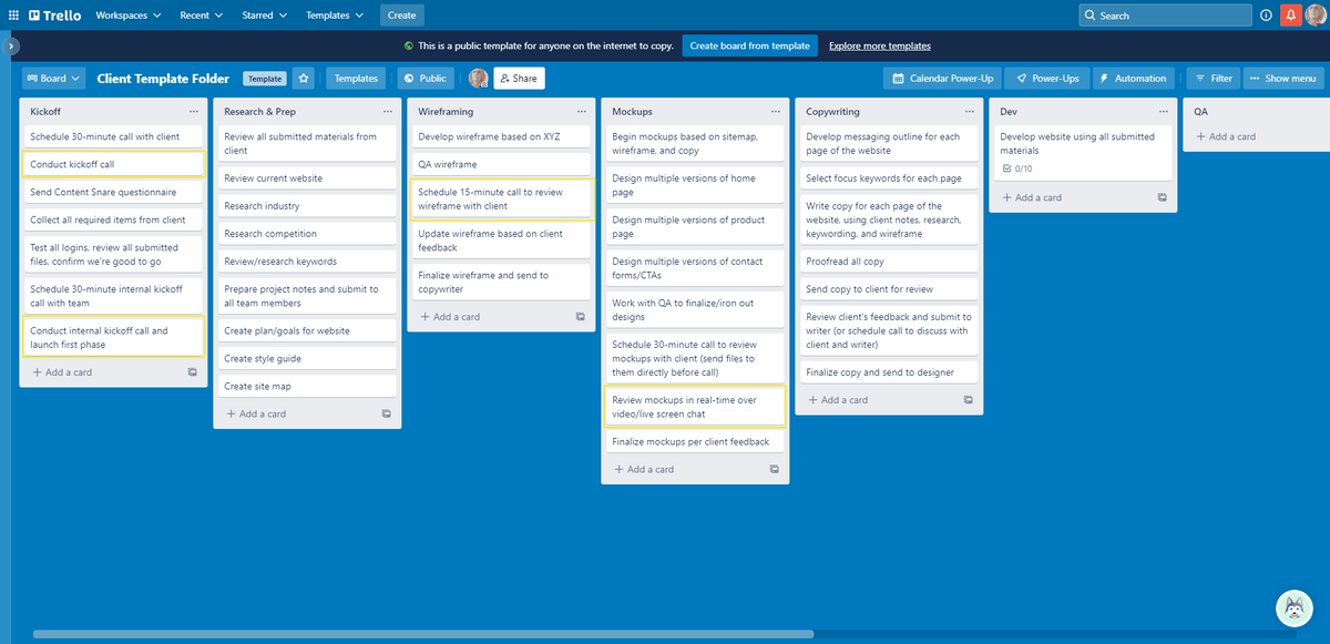 A sample web design project template in Trello. There are cards outlined in yellow under the Kickoff, Wireframing, and Mockups boards that signal where meetings are planned.