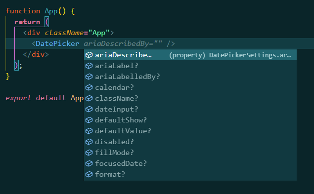 Datepicker props suggestions including ariaDescribe, ariaLabel, className, etc.
