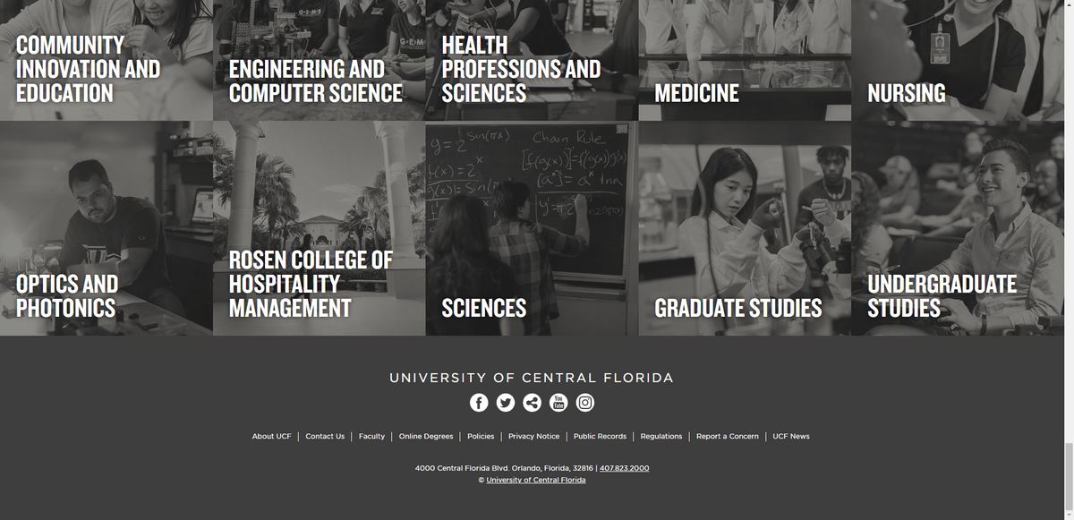 The footer on the University of Central Florida website contains a horizontal list of links: About UCF, Contact Us, Faculty, Online Degrees, Policies, Privacy Notice, Public Records, Regulations, Report a Concern, UCF News.