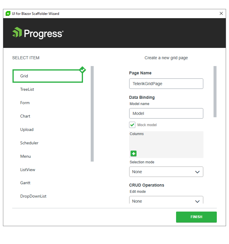 Telerik UI for Blazor Scaffolder with component selection and page creation tools