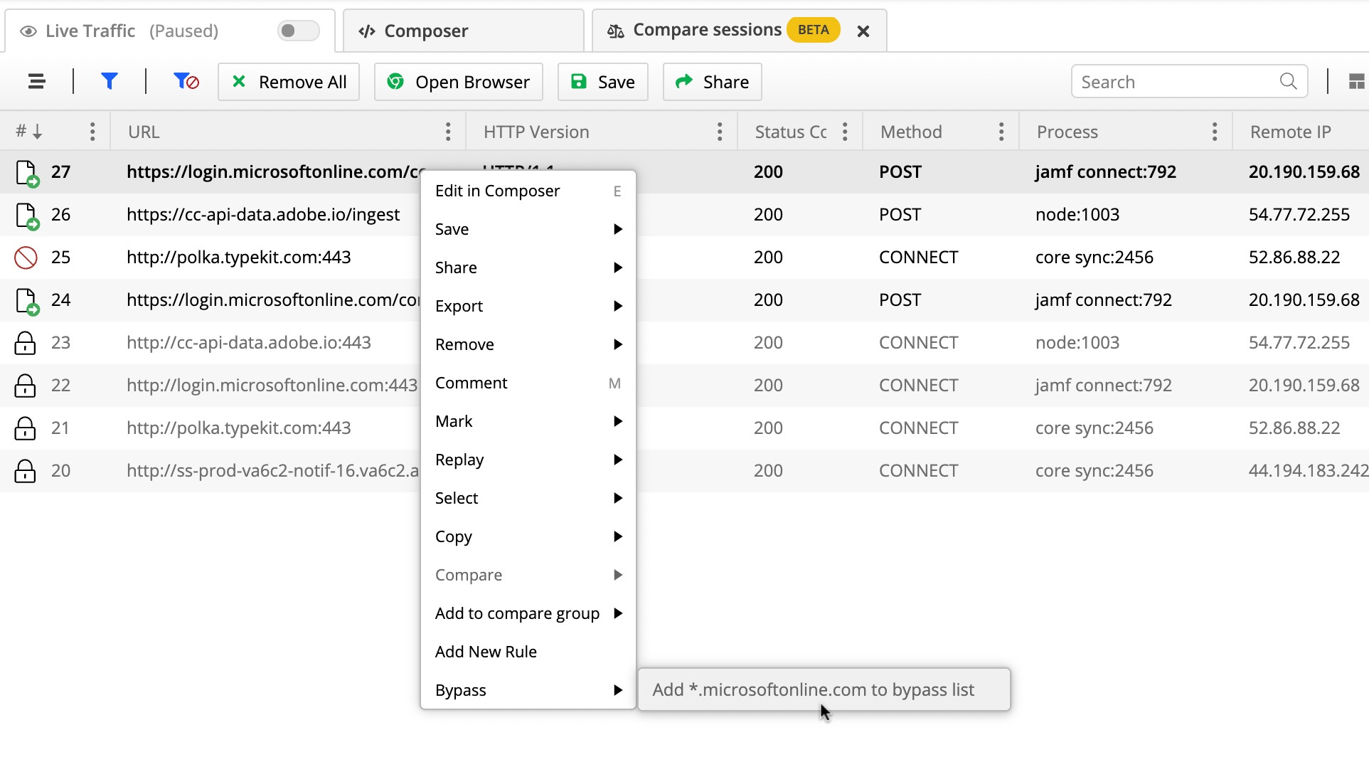 While on a URL, in the menu, the user has selected Bypass, which brings up the option to add the URL to the bypass list