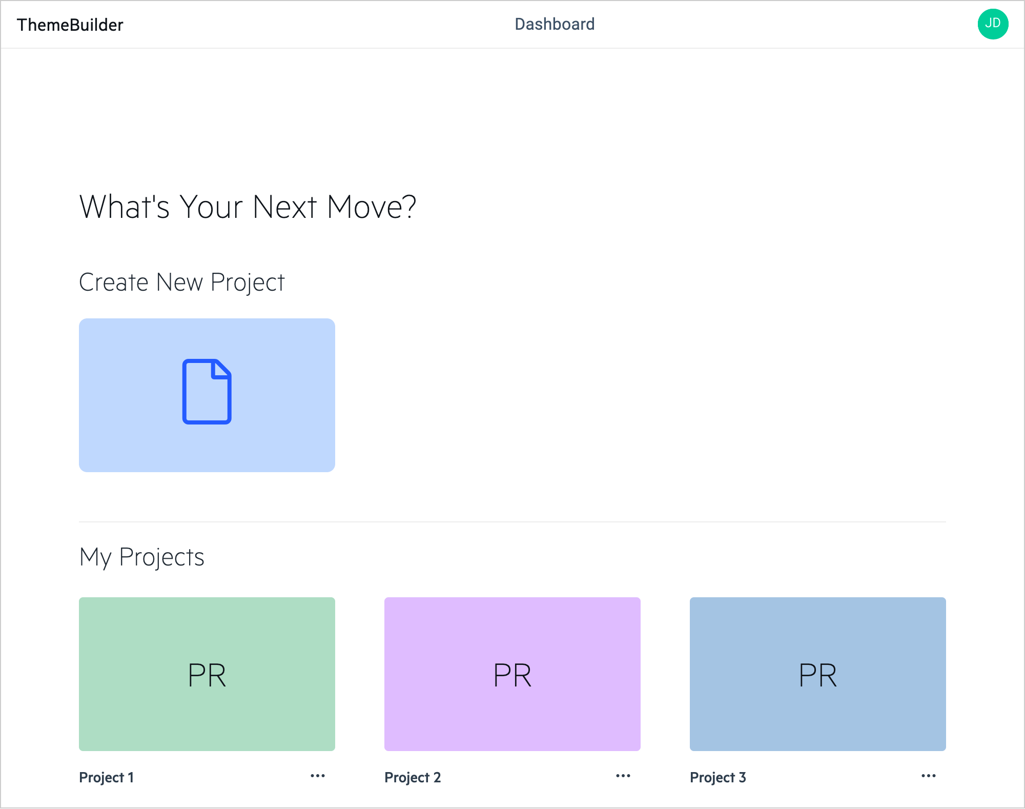 ThemeBuilder dashboard screen with options to create a new project or open an existing one