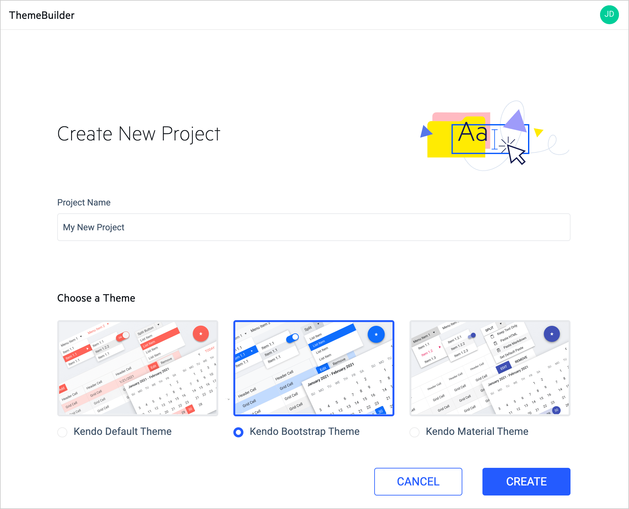 ThemeBuilder Create New Project screen - Shows a space for the project name and a place to choose a theme: Default, Bootstrap or Material. Bootstrap is selected.