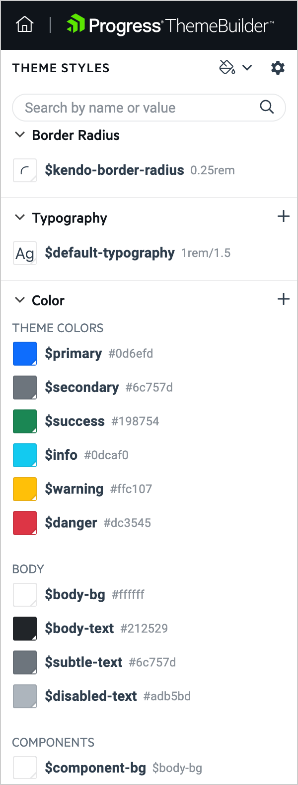 ThemeBuilder left variables pane shows theme styles, border radius, typography, color, etc.