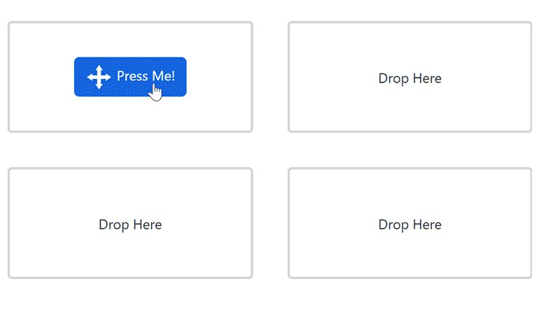 New Component: Angular Drag and Drop - object text switches messages as each action is performed and it is moved around four different boxes: press me, drag me, drop me