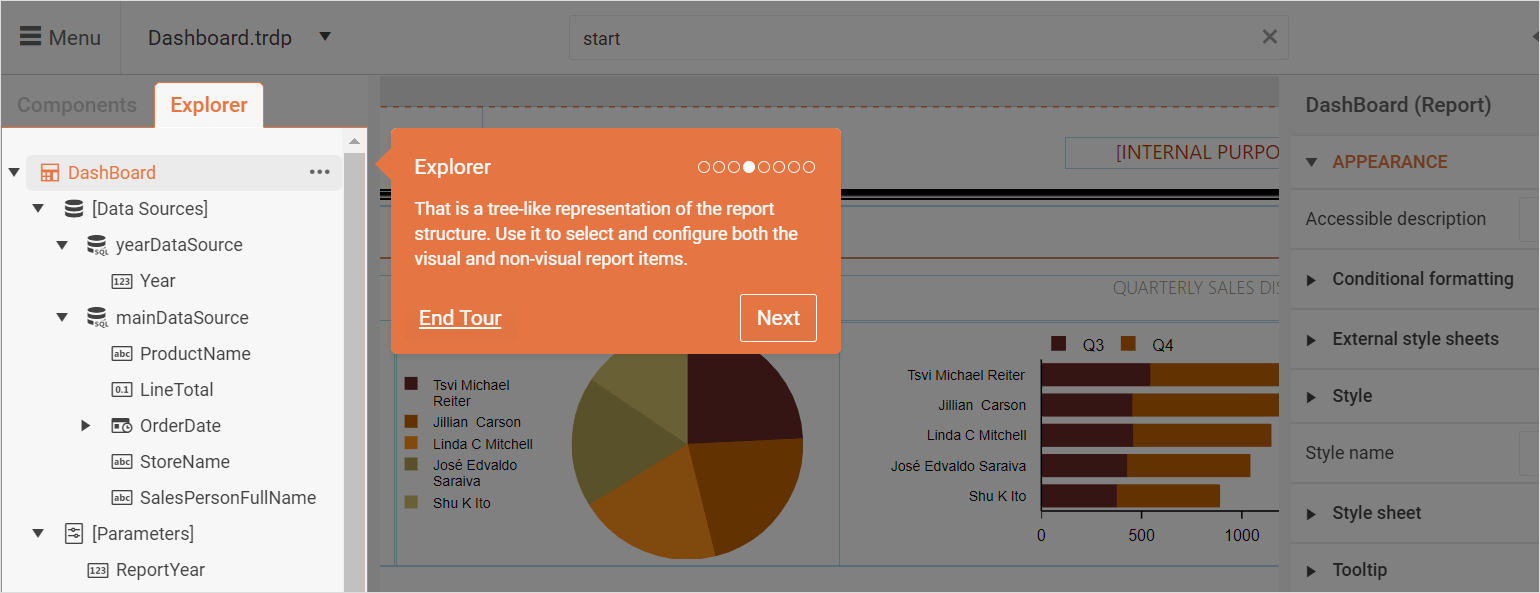 Web Report Designer Onboarding has handy tooltips giving a tour