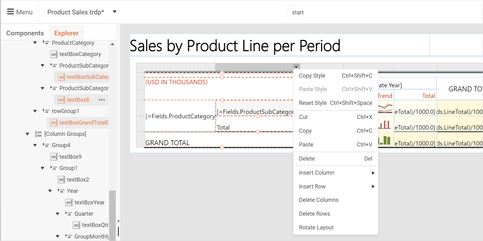 Web Report Designer Table handles allow user to select the row or column and apply an action