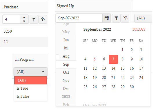 Three screenshots showing the other three columns in the grid. The Purchased column has a number entered in its numeric spinner. The Signed Up column has an expanded date picker with the date in the picker’s textbox highlighted in its calendar page. The In Program column has a dropdown list with three values: All, Is True, and Is False.