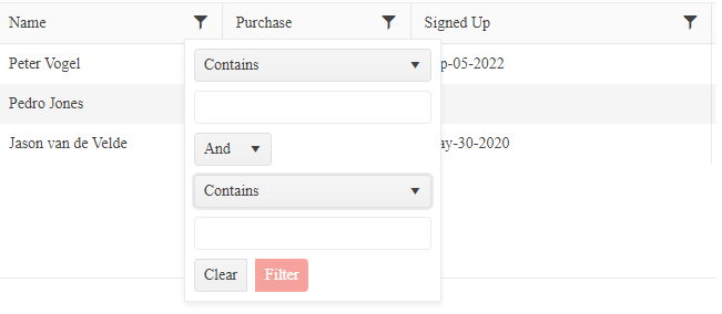 A screenshot of the first three columns from the grid. There are no components under the column headers for filtering. Instead, there is a funnel icon at the right end of the column header. Below the funnel for the Name column a panel is displayed showing two dropdown lists with textboxes, stacked underneath each other and joined by a dropdown list with the word “And” displayed. The dropdown lists both display the word “Contains.” There is nothing in either of the textboxes.