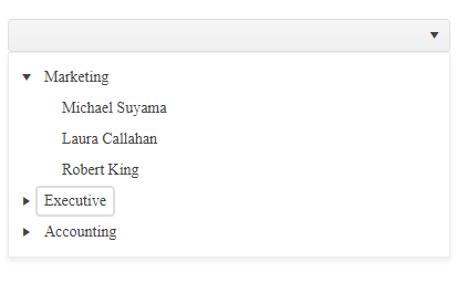 A treeview dropdown list showing three top level nodes: Marketing, Executive, and Accounting. The Marketing node has been expanded to show three nodes nested underneath it: Michael Suyama, Laura Callahan, and Robert King.