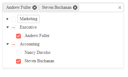 A dropdown list with its list open. The list is organized into a treeview with three heading nodes labeled Marketing, Executive, and Accounting. The Executive node is expanded showing an item nested underneath it labeled Andrew Fuller. That item is highlighted in red and Andrew Fuller also appears in the label at the top of the dropdown as the currently selected item.