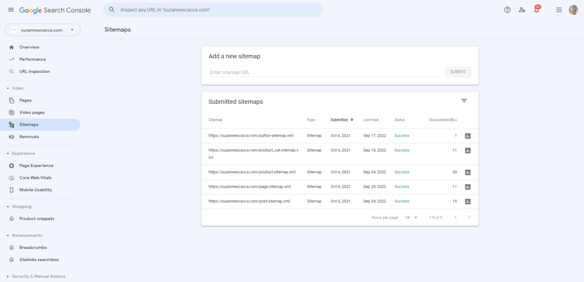 Google Search Console’s Sitemaps tool. From here, users can “Add a new sitemap”. They can also review their “Submitted sitemaps” as well as check to see which URLs from each sitemap have been indexed.