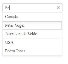 A screenshot of the Autocomplete with its dropdown list open, showing the three names. However, the first two names appear under the heading “Canada” while the third name appears under the heading “USA”.