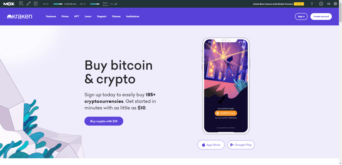 The home page for the Kraken website is home. We see the hero image that says “Buy bitcoin & crypto”. At the very top above the website header is a black bar with the Moz logo in the left corner. There are three white icons next to it as well as a couple of scoring indicator bars.