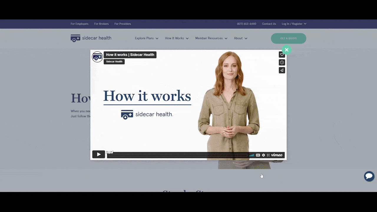 A GIF shows a user scrolling down the How It Works page on the Sidecar Health website. It starts with an opened video and then it makes it way through the Step by Step process of using the health insurance alternative.