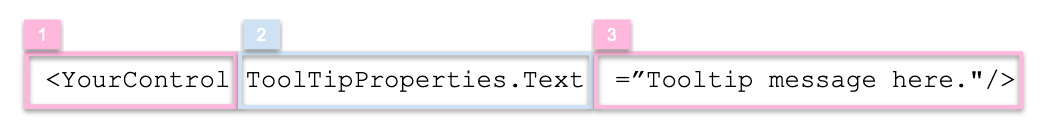 Tooltip structure: 1: ‘YourControl’, 2: ‘ToolTipProperties.Text’, 3: Tooltip message here.’