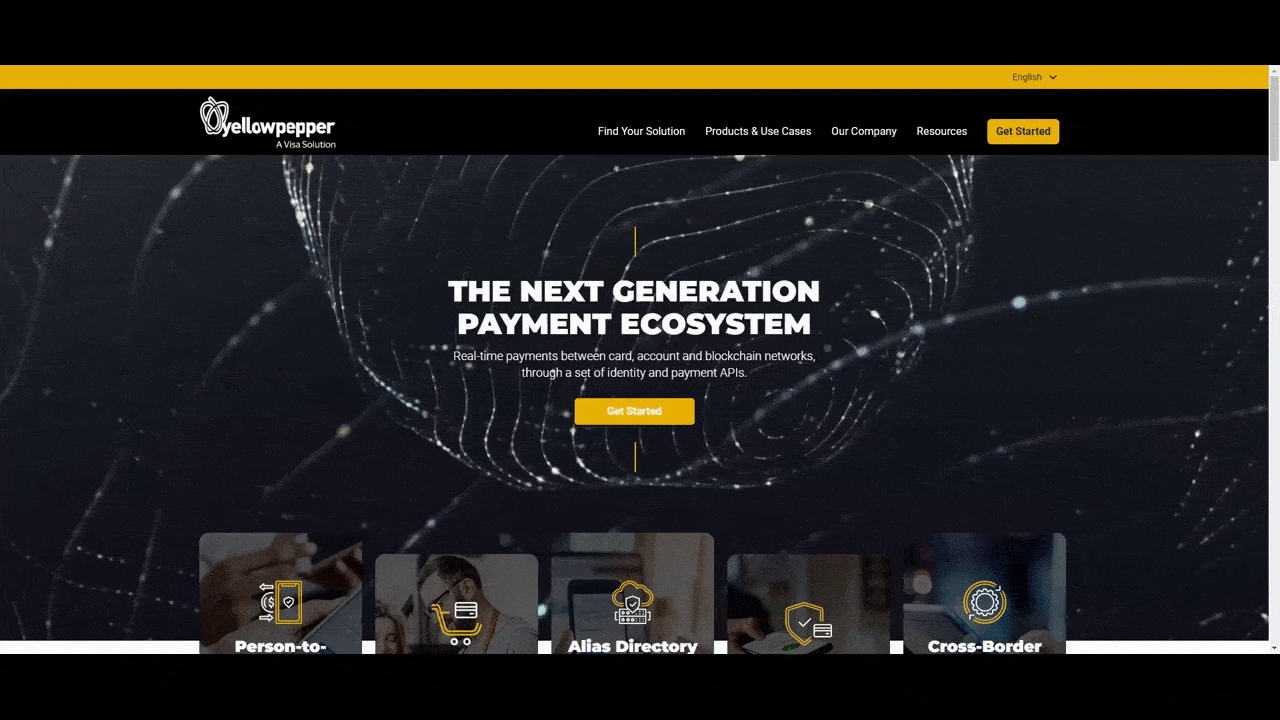 A GIF shows the home page of the YellowPepper website. We can see a decorative background video that resembles swirling, swaying white strings — similar to a spider’s web. On top of the video it reads “The Next Generation Payment Ecosystem”.