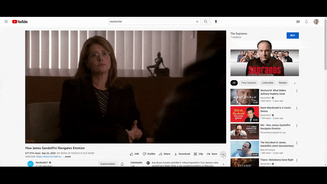 A GIF taken from the Nerdwriter1 YouTube account. The video is entitled “How James Gandolfini Navigates Emotion”. The GIF shows the video playing with a time-stamped transcript moving along the right side of it.