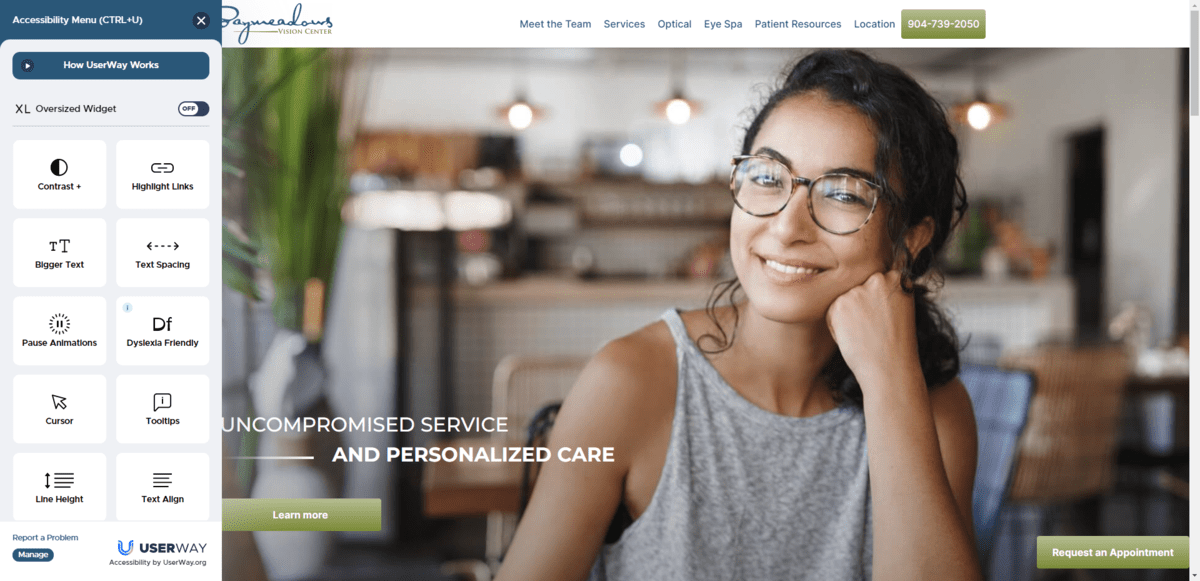 The website for Baymeadows Vision Center in Jacksonville has an Accessibility Menu widget in the bottom-left corner. When opened, users can control things like contrast, highlight links, bigger text, text spacing, pause animations, and more.