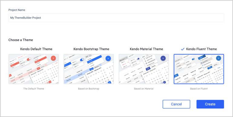 Choose a theme screen in Themebuilder now has Default, Bootstrap, Material, and Fluent