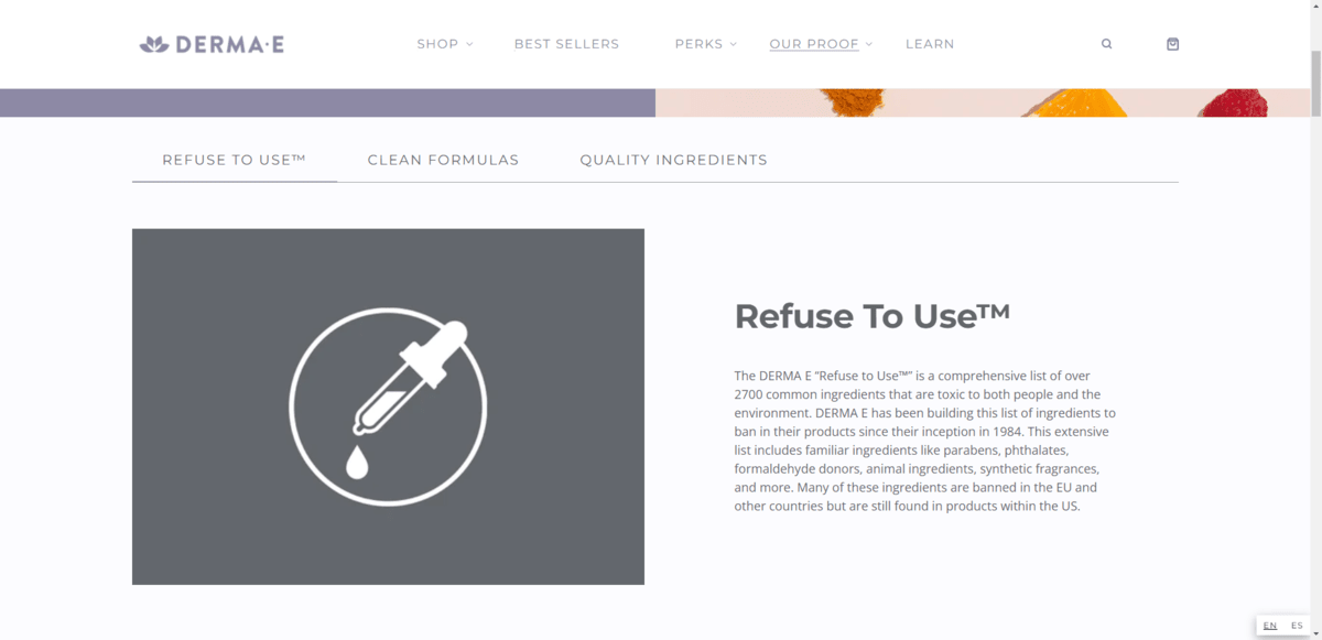 The Our Ingredients Story page on the DERMA E website. It breaks down information about the ingredients they refuse to use, their clean formulas, as well as the quality ingredients included in their products.