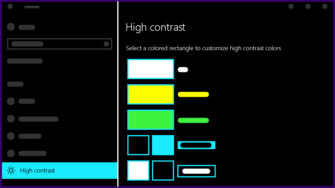Microsoft high contrast theme options with a black background and neon yellow, green and teal