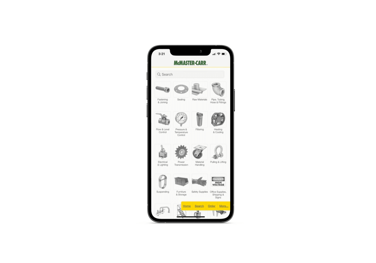 A screenshot taken from the McMaster-Carr mobile app home page. Below the company logo is a full-width search bar followed by product categories and matching images for the company’s industrial supply and hardware products.