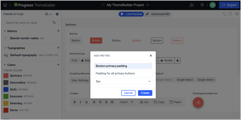 ThemeBuilder Add Metric popover has fields for variable, description and metric amount.