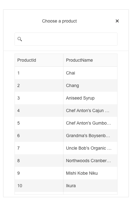MultiColumnComboBox popup with Choose a product title, search bar, then a table with productid and productname columns