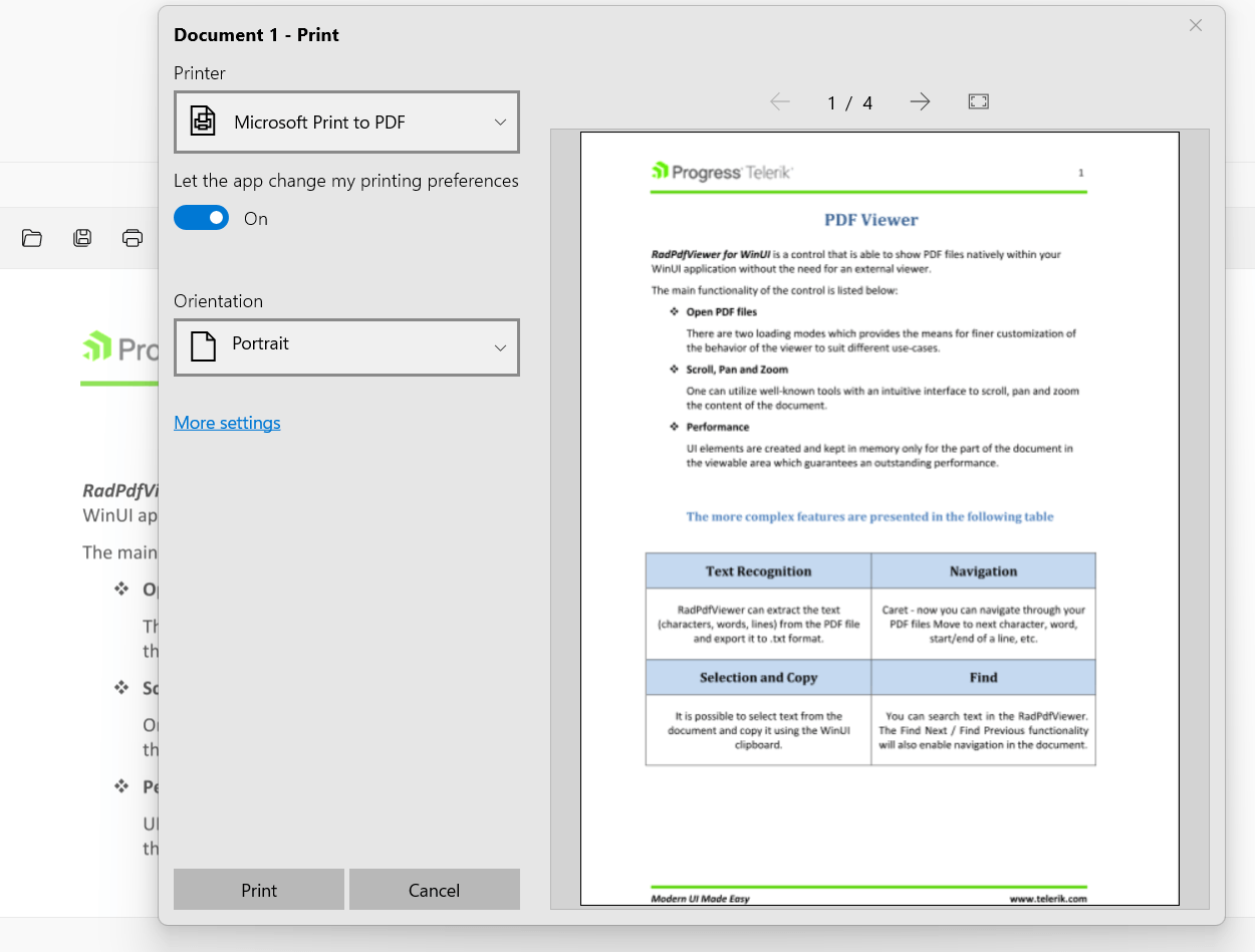 PdfViewer Print Support dialog