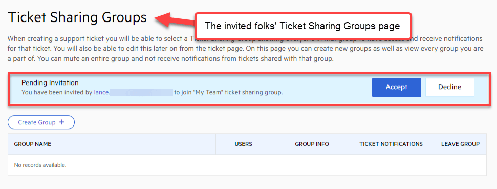 A pending invitation on the invitee's Ticket Sharing Groups page