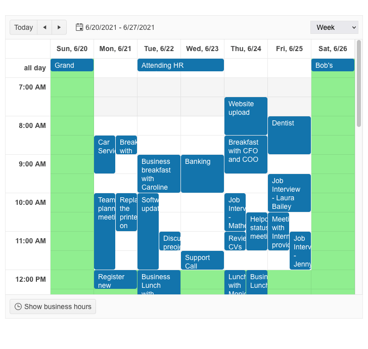 Scheduler calendar with green on the weekends and events in blue