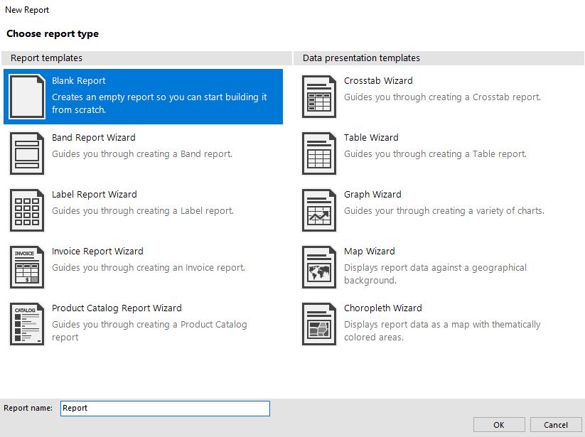 Choose report type window in Telerik Reporting Visual Studio 2022 Extension