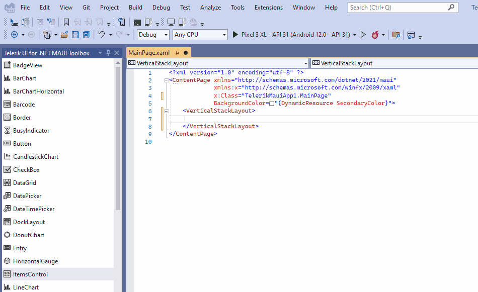 Telerik UI for .NET MAUI Visual Studio Toolbox