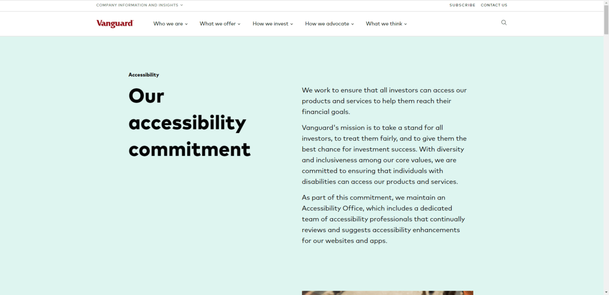 The Vanguard corporate site has a page dedicated to its accessibility commitment.