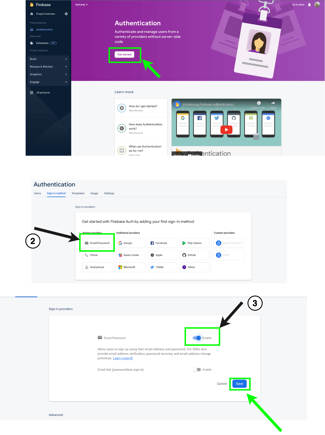 Authentication screen - hit get started. Under native providers, choose email/password. Sign-in providers, choose enable, then save