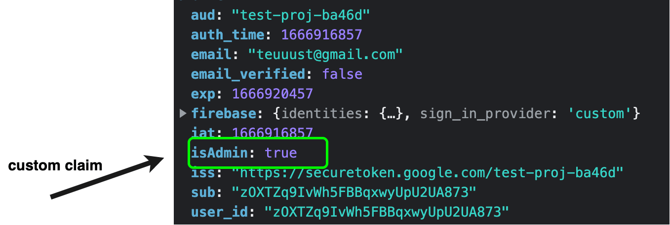 custom claim isadmin: true