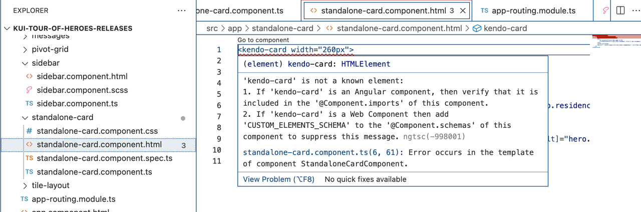 standalone card component in vscode throwing errors about unknown kendo ui bits