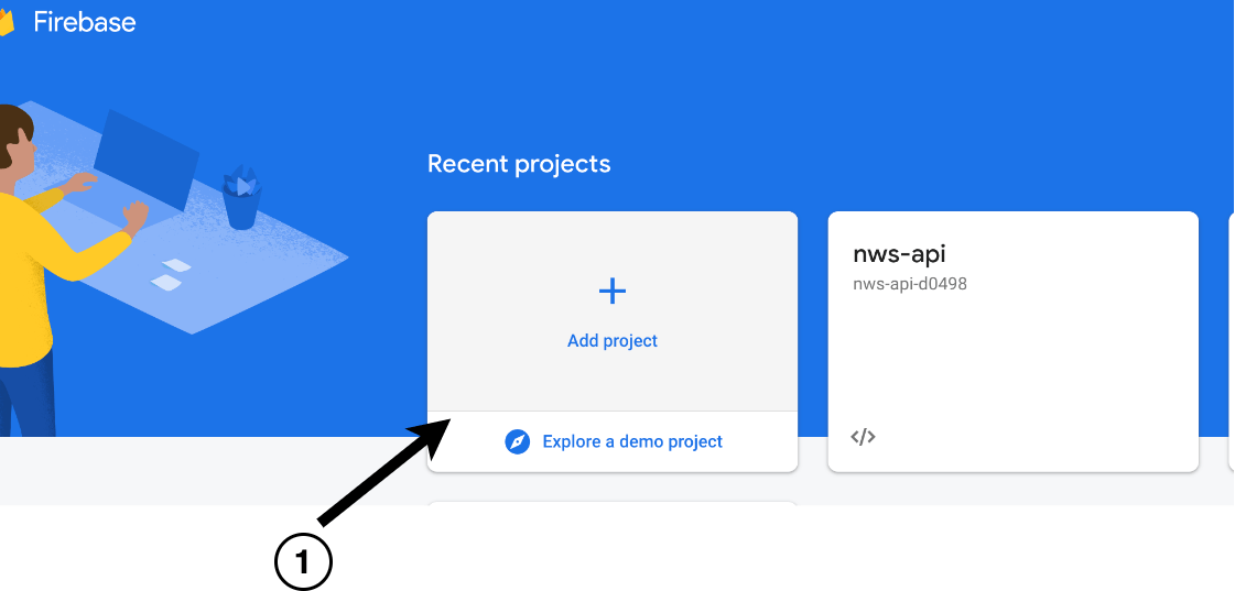 Firebase project list, with arrow pointing to Add Project