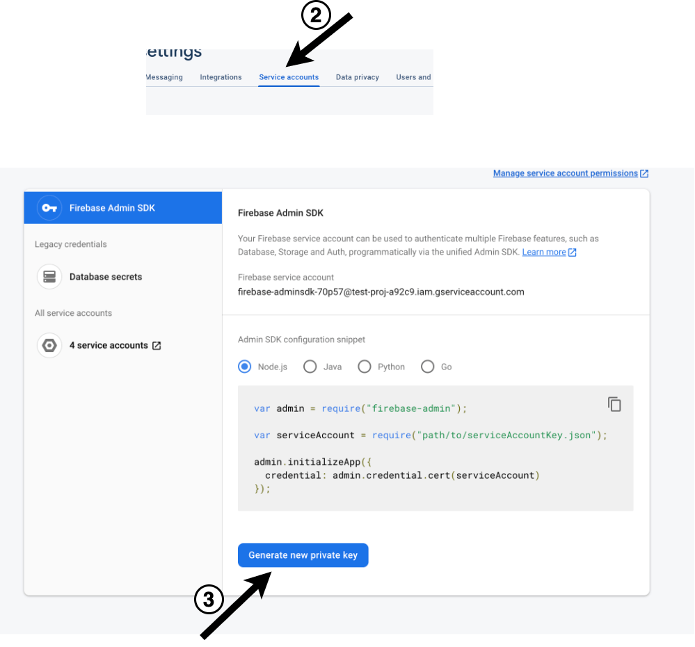 Service accounts - Firebase Admin SDK - options for Node, Java, Python, Go. We have Node selected. Then generate new private key.