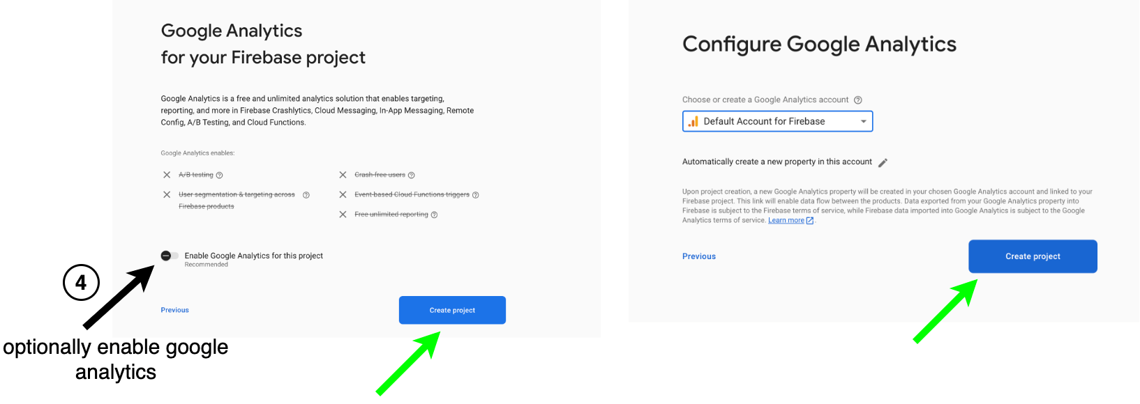 Google Analytics for your Firebase project - optionally enable. Configure Google Analytics screen dropdown shows Default Account for Firebase.