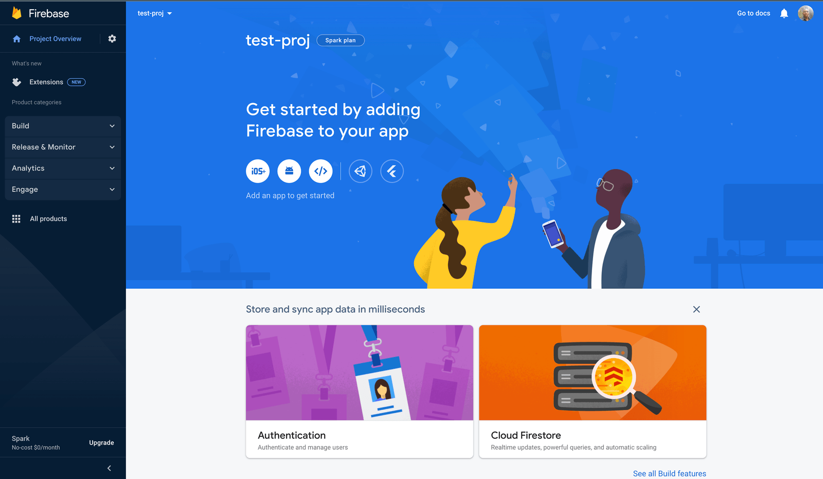 Firebase project screen has project overview menu and extensions on left. Main screen says, Get started by adding Firebase to your app, and then cards for Authentication and Cloud Firestore