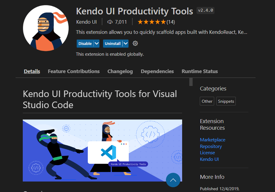 The Visual Studio Code Extensions menu with the Kendo UI Productivity Tools selected