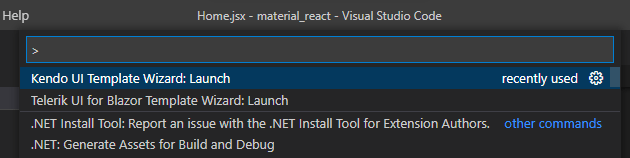 Visual Studio’s Command Palette with the Kendo UI Template Wizard selected.