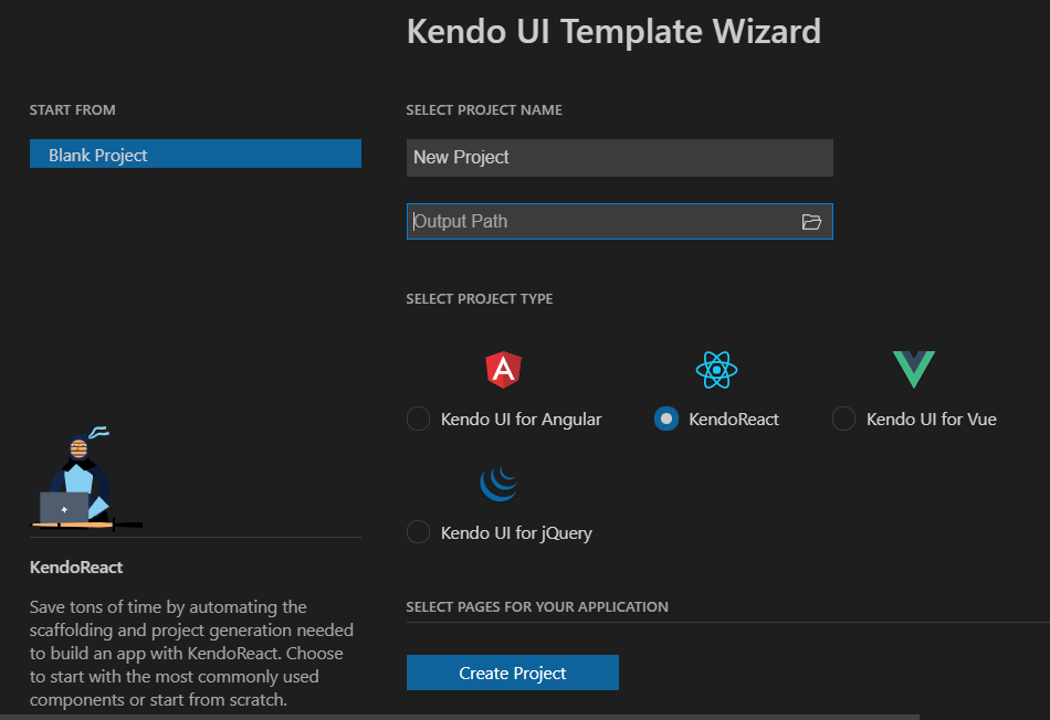 The Kendo UI Template Wizard. At the top of the wizard are textboxes for naming the project and selecting the folder the project will be put in. Below that, under a “Select Project Type” header are radio buttons labelled “Kendo UI for Angular”, “Kendo React”, “Kendo UI for Vue”, and “Kendo UI for jQuery.” At the bottom of the page is a button labeled “Create Project.”